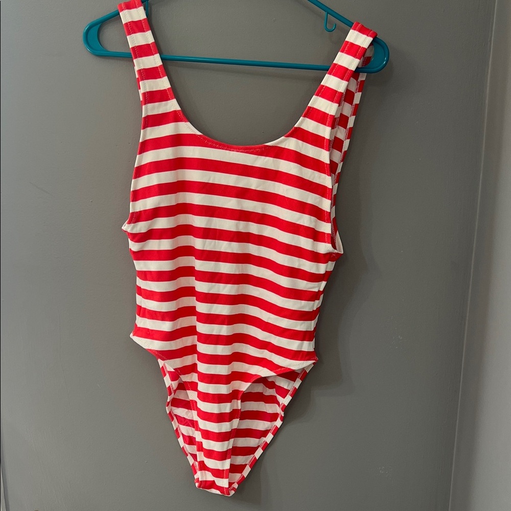 Red and White Striped One Piece Swimsuit